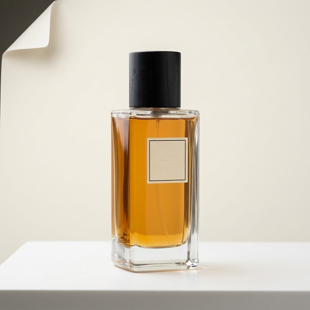 Perfume bottle on a white studio backdrop