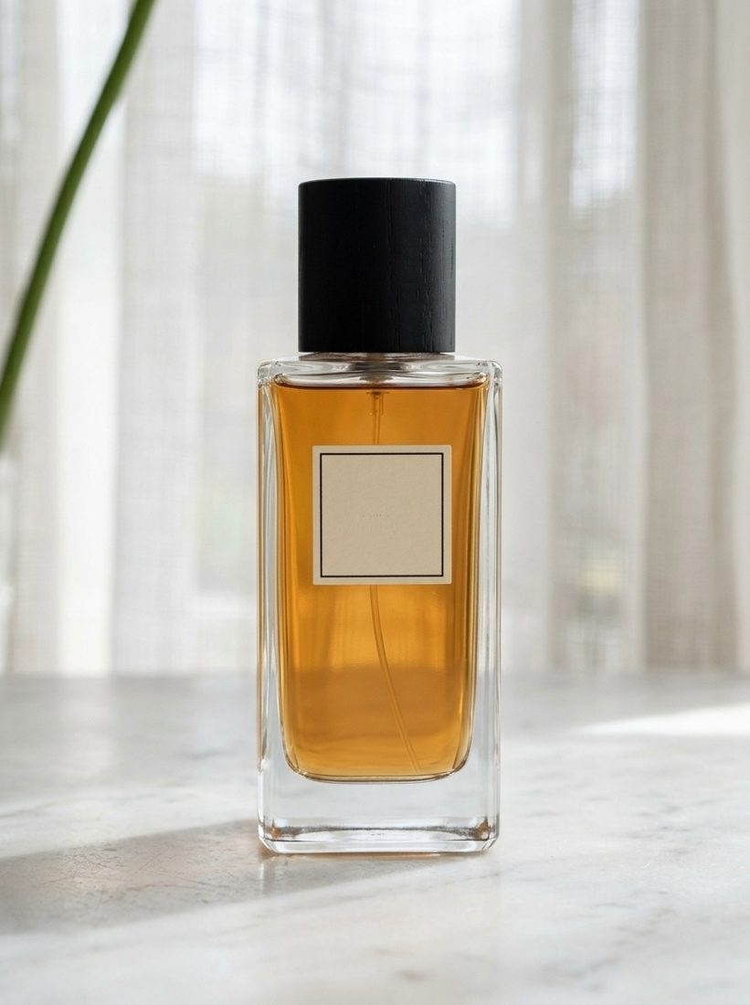 Perfume bottle on a marble counter in morning light