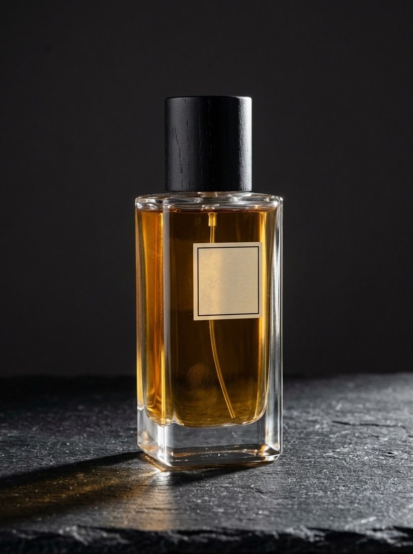 Perfume bottle on black slate under one hard light