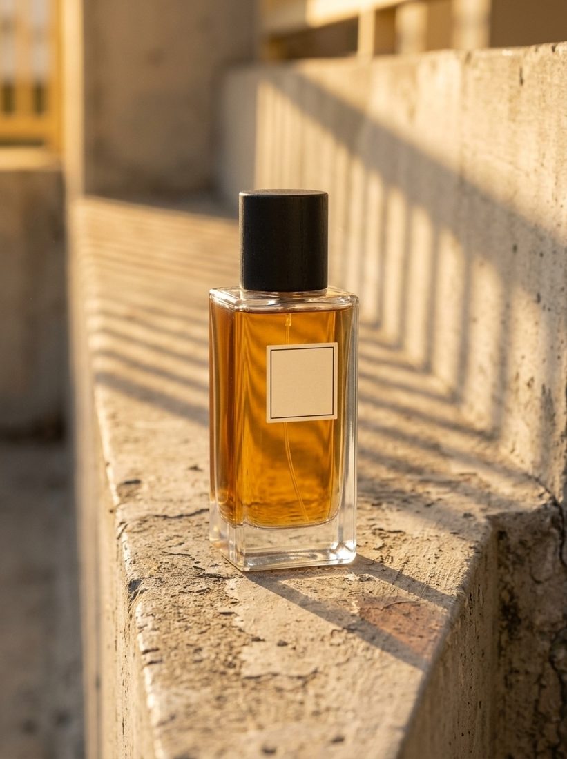 Perfume bottle on a concrete ledge in afternoon sun