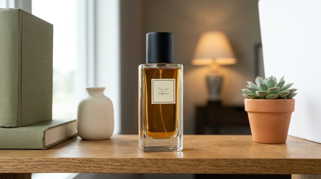 Perfume bottle on a home shelf among objects