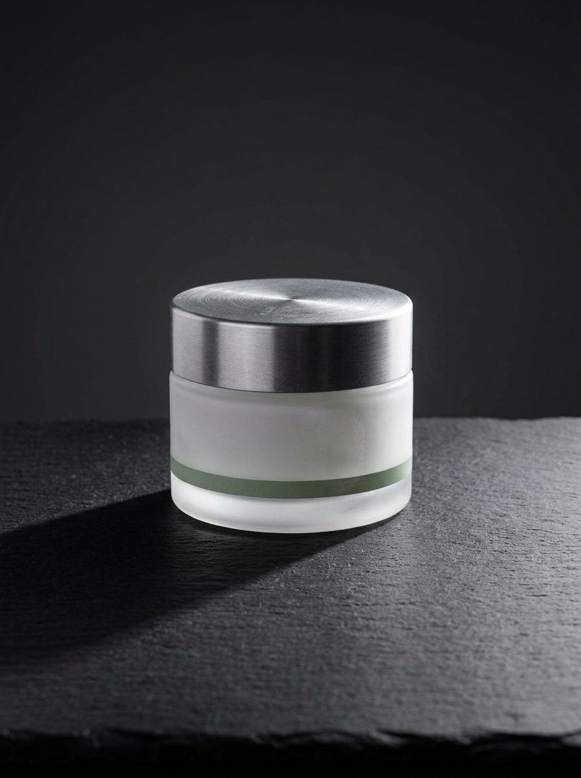 Skincare jar on black slate