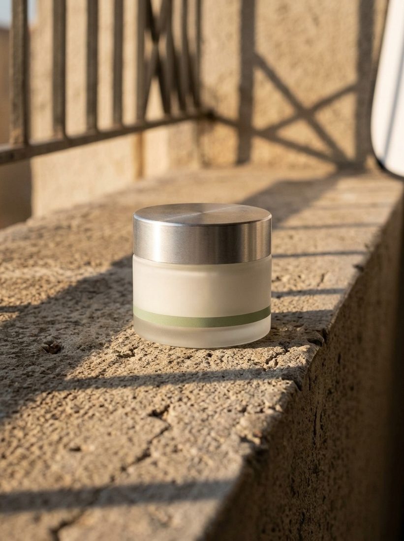 Skincare jar on a concrete ledge