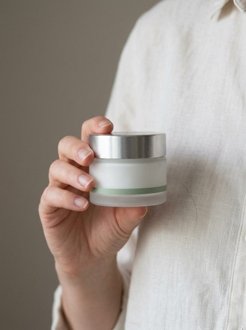 Hand holding the skincare jar