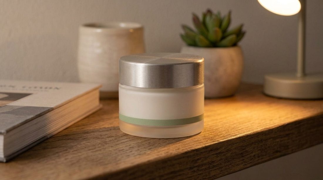 Skincare jar on a wooden shelf