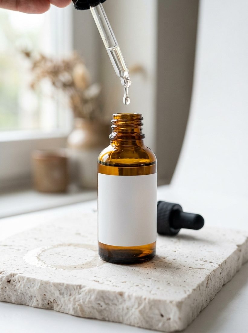 Serum dropper with a drop about to fall
