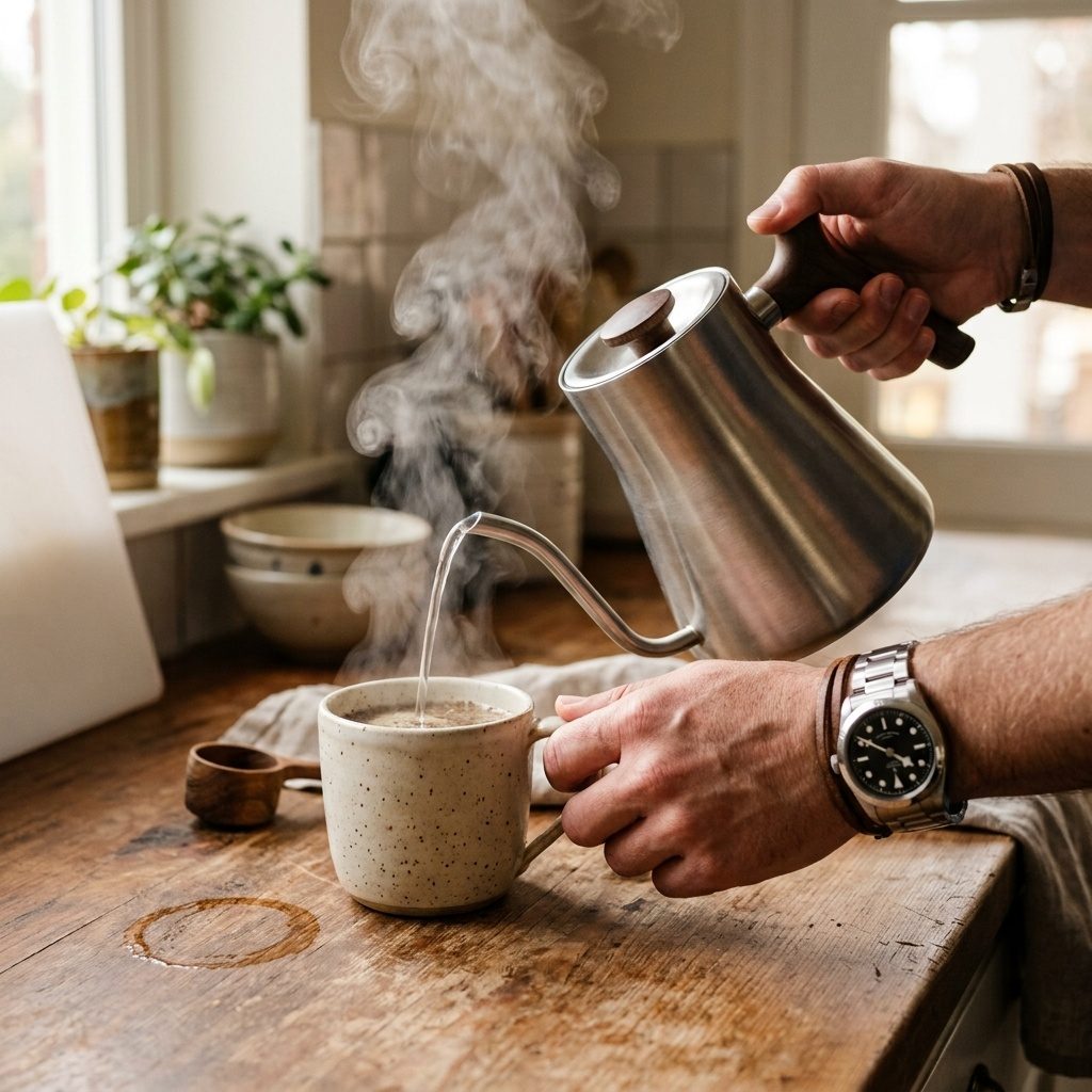 Watch on a wrist pouring coffee