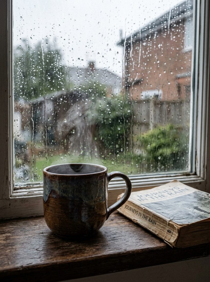 Mug on a rainy windowsill