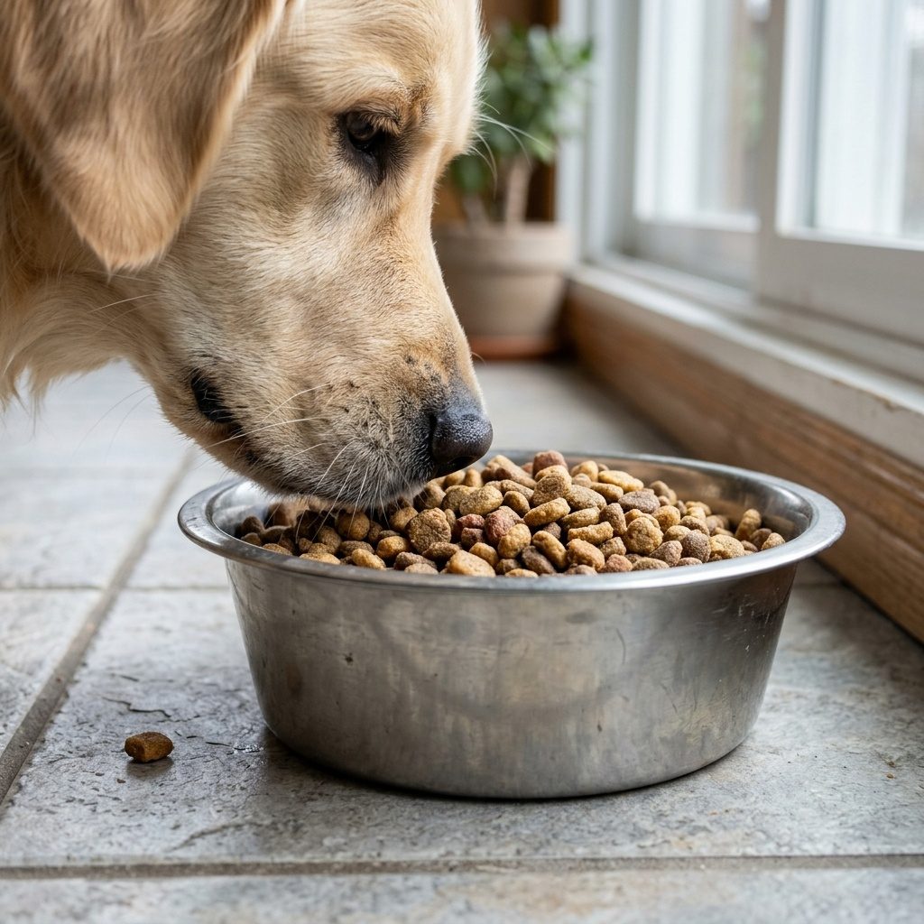Dog eating from a steel bowl
