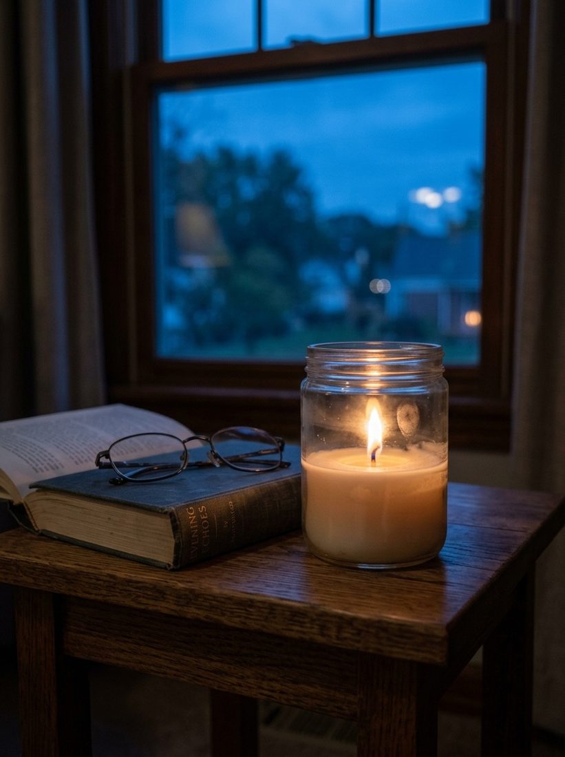 Lit candle at dusk