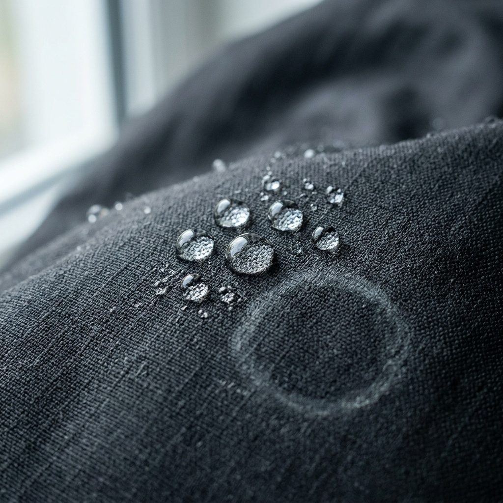 Water beading on dark fabric