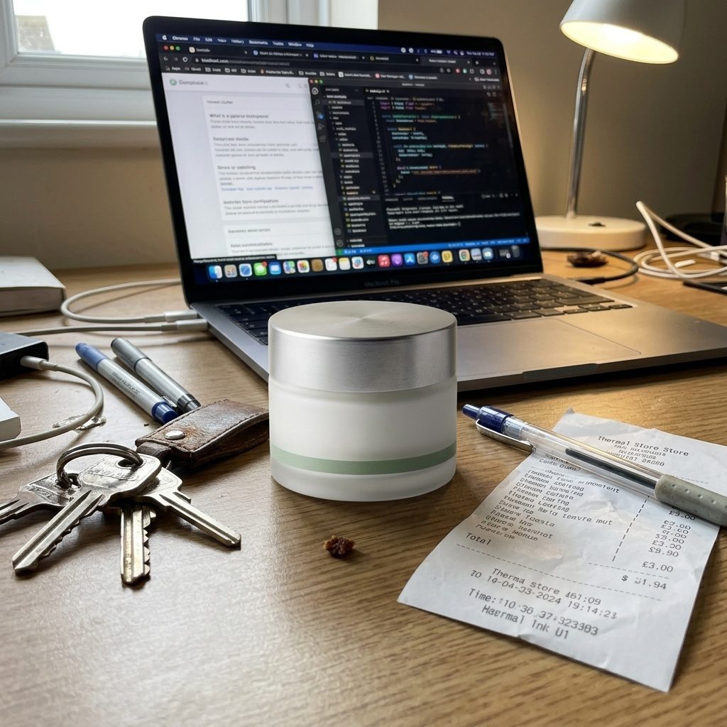 Skincare jar on a messy desk