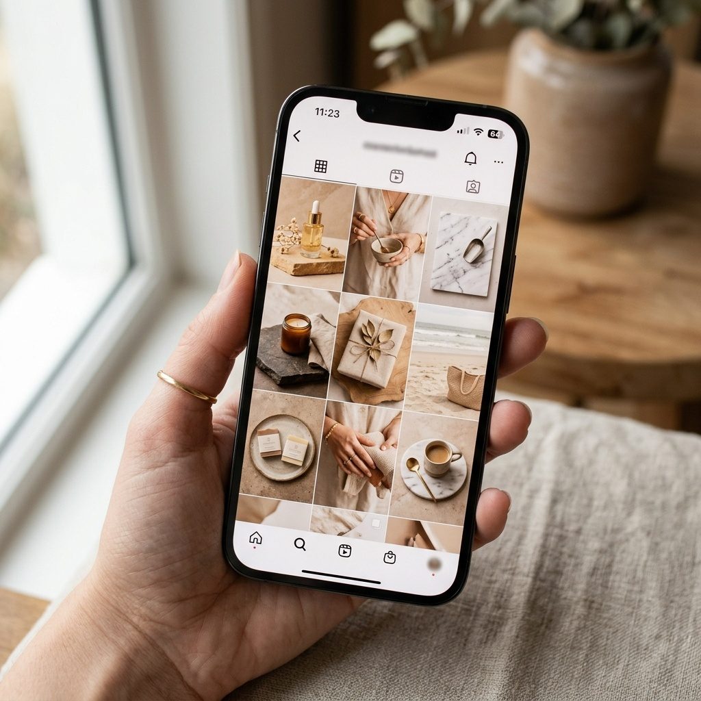 Phone showing an Instagram grid